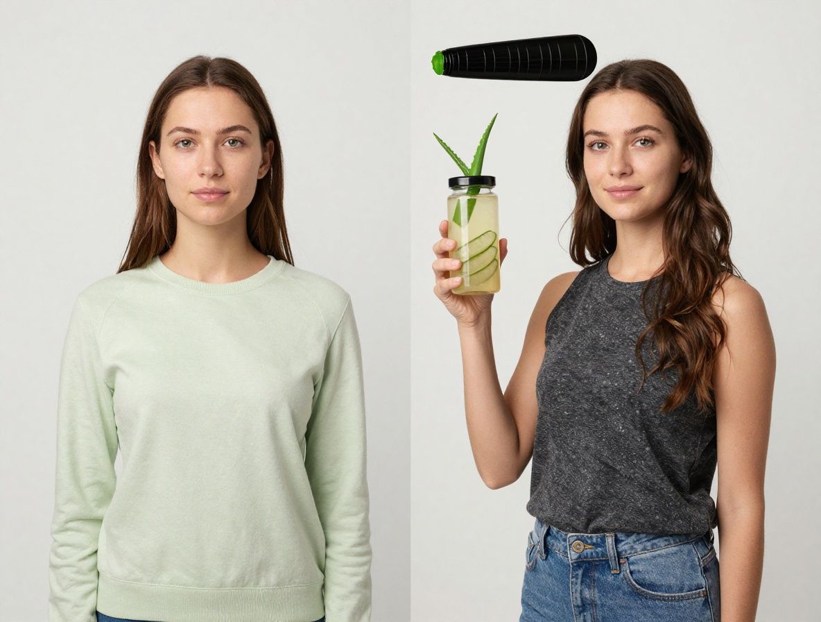 Lähikuva ihonhoitoraaka-aineista — aloe vera -lehdestä leikattu tuore geeli, pienet ruusupunapullot lasiputkissa ja vihreän teen lehtiä keraamisessa kupissa vaaleaa taustaa vasten