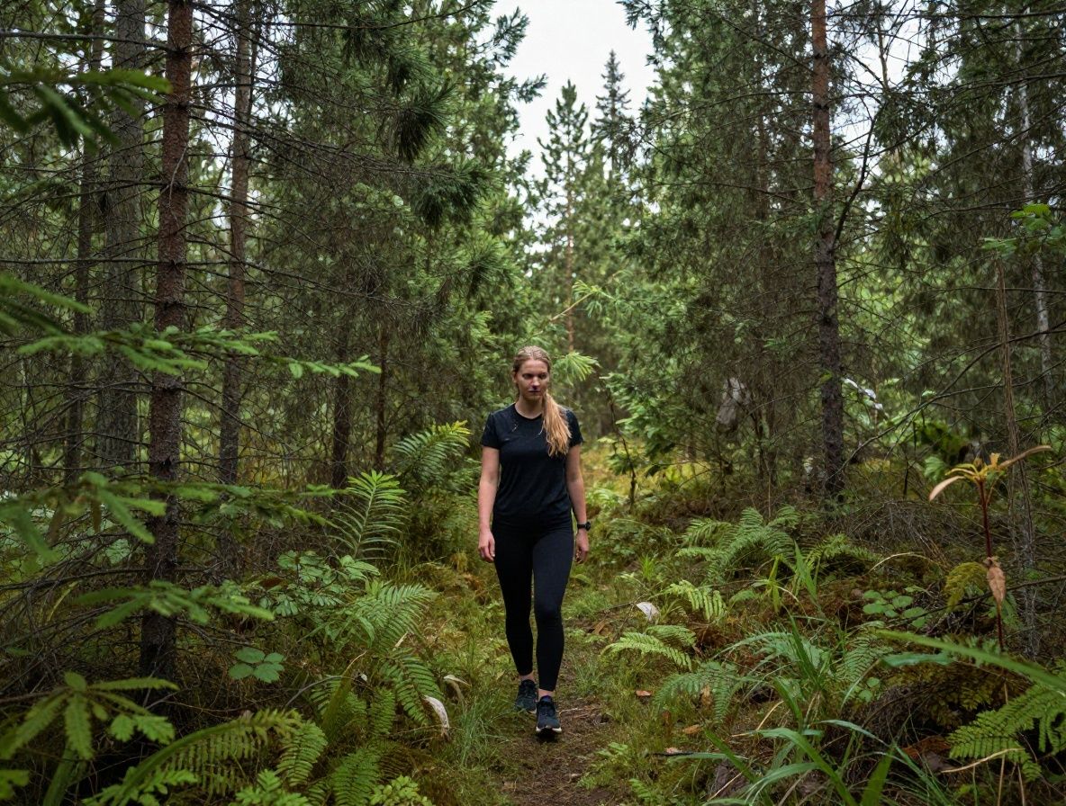 Nainen hengittää syvään ulkona metsässä silmät kiinni, auringonvalo lankeaa puiden läpi, rauhallinen ja energinen olo luonnon keskellä
