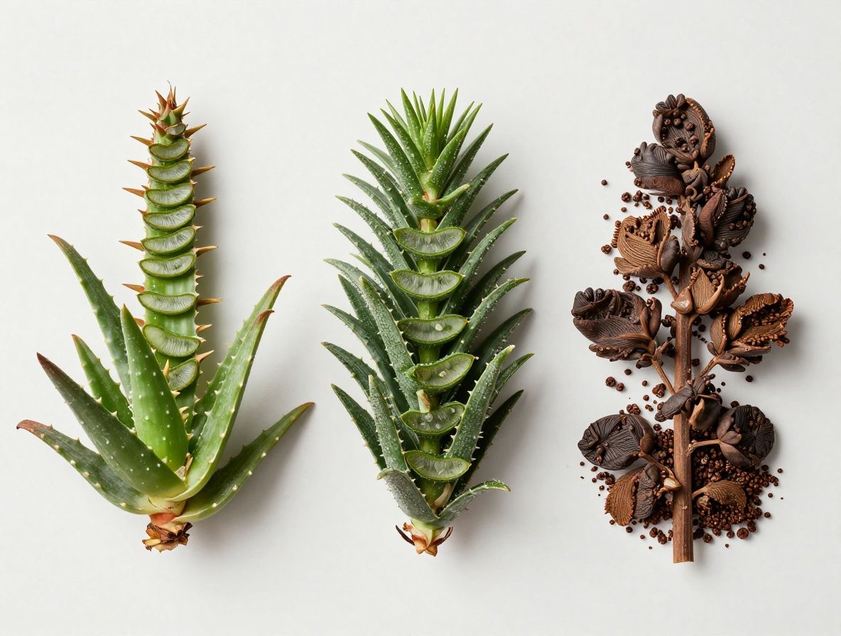 Lähikuva luonnollisista ihonhoitoraaka-aineista — aloe vera -lehti, ruusunterälehtiä, argania-pähkinöitä ja pieniä vihreitä yrttejä valkoisella pellavakankaalla, minimalistinen asettelu